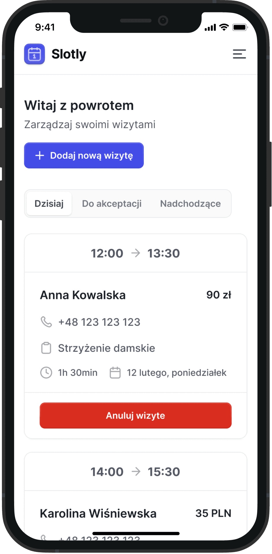 Lista wizyt i rezerwacji w systemie Slotly