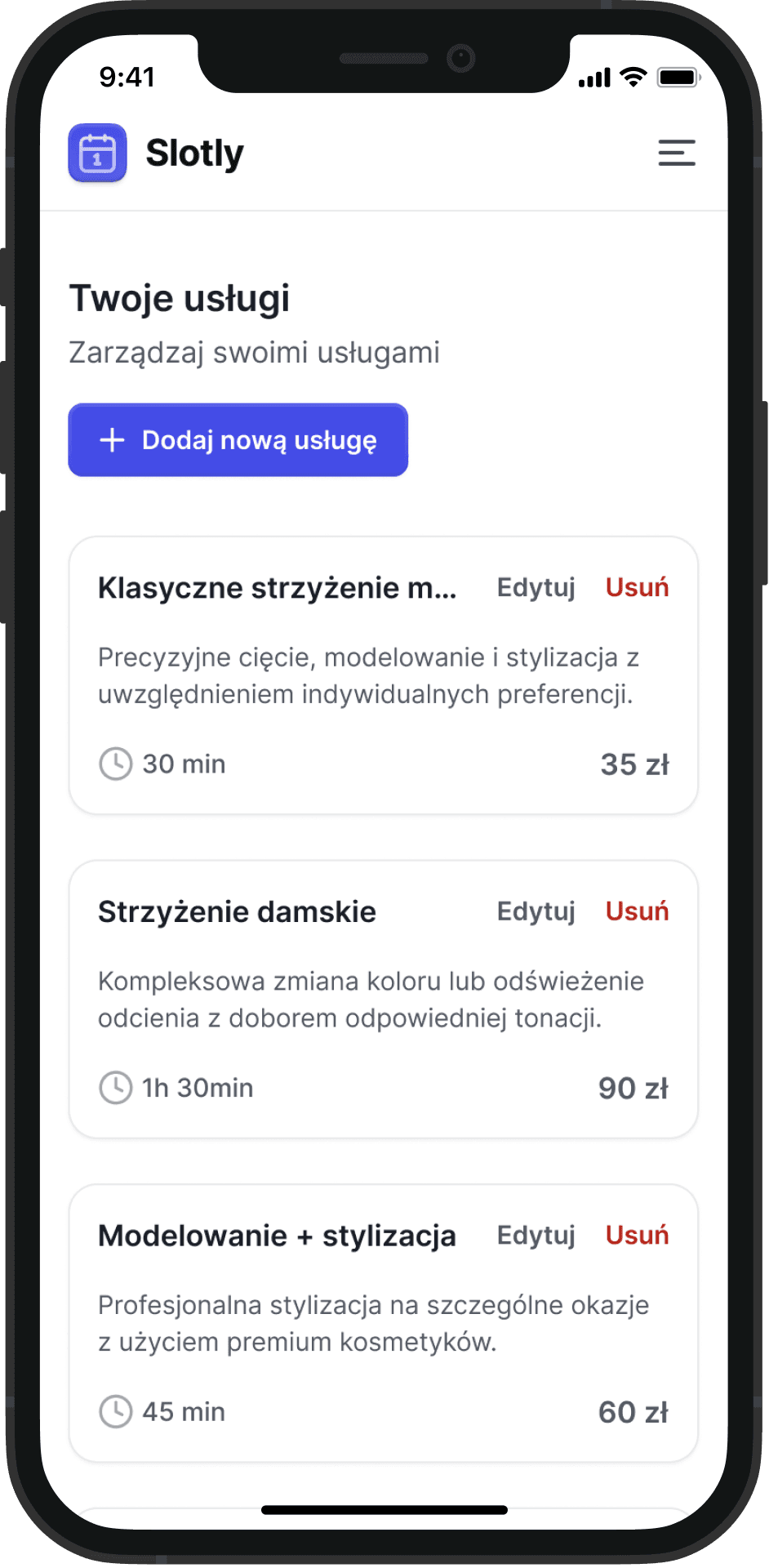 Formularz dodawania nowej usługi w aplikacji mobilnej Slotly